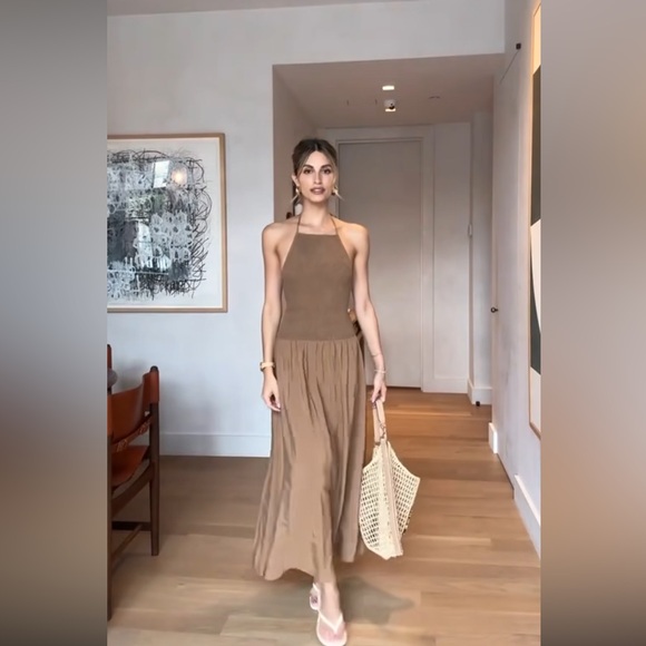 New Zara brown flowy halter midi low waist dress with pockets - Picture 4 of 8